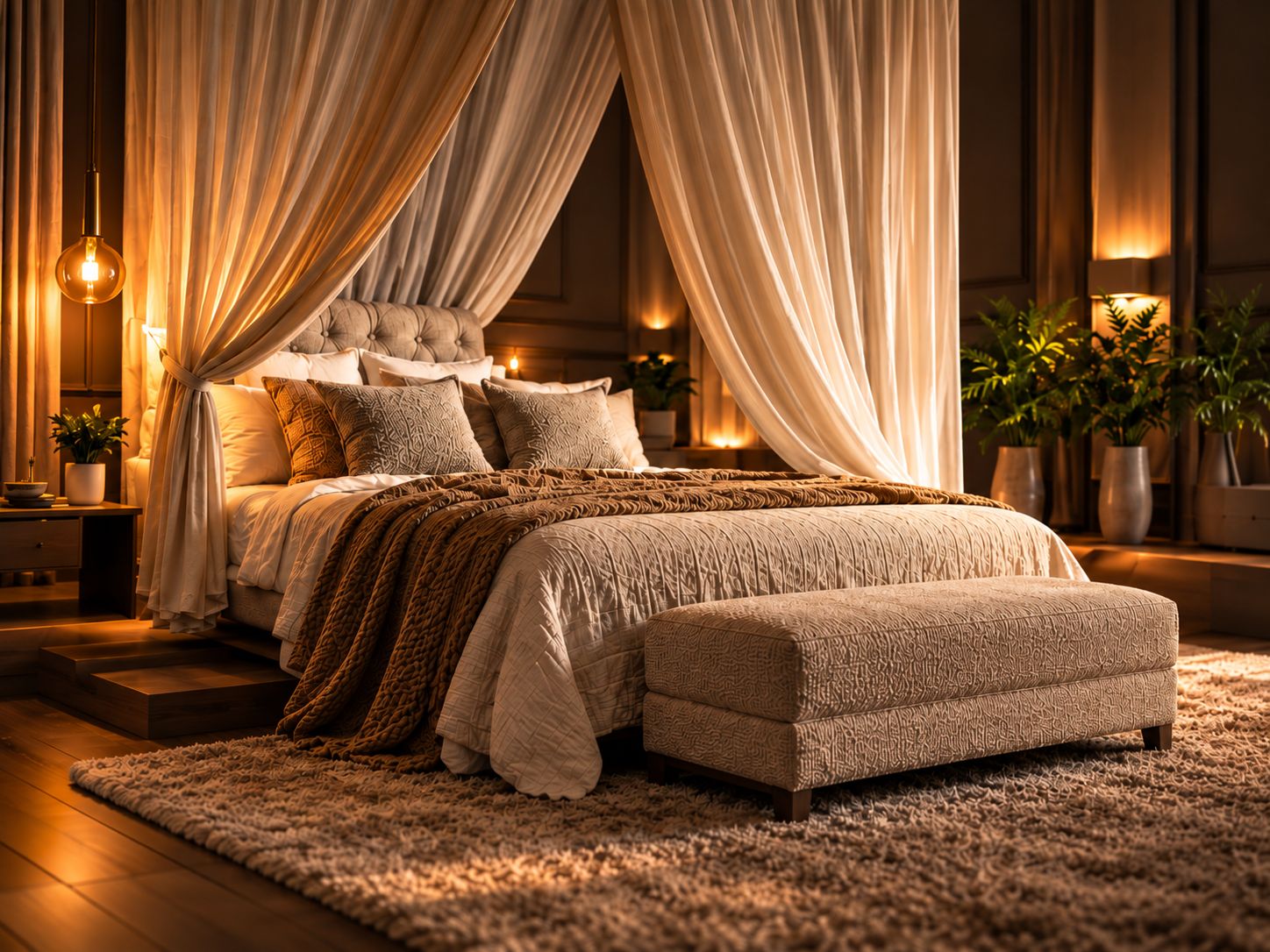 Quarto aconchegante com dossel de cortinas claras, cama e banco estofado